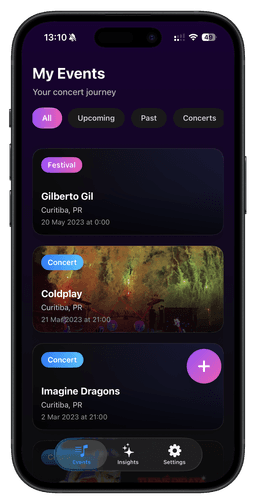 Tela de shows no app Festivaly